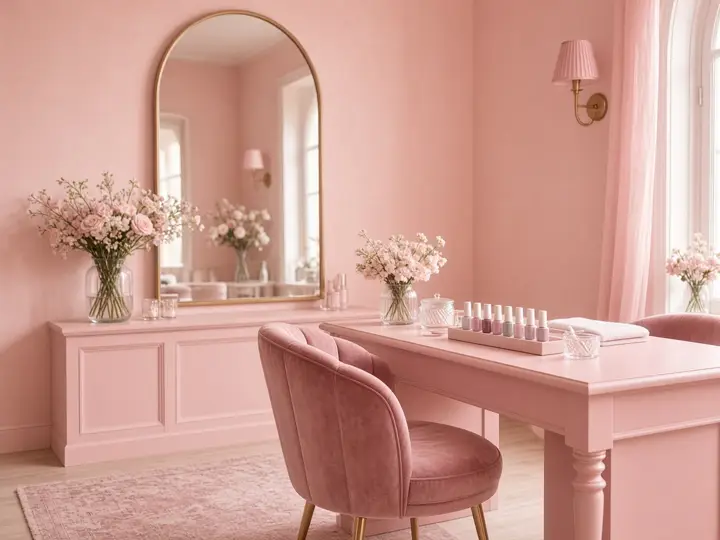Estudio de manicura rosado con espejo de arco