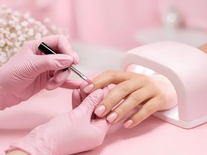 Manicurista aplicando gel rosado